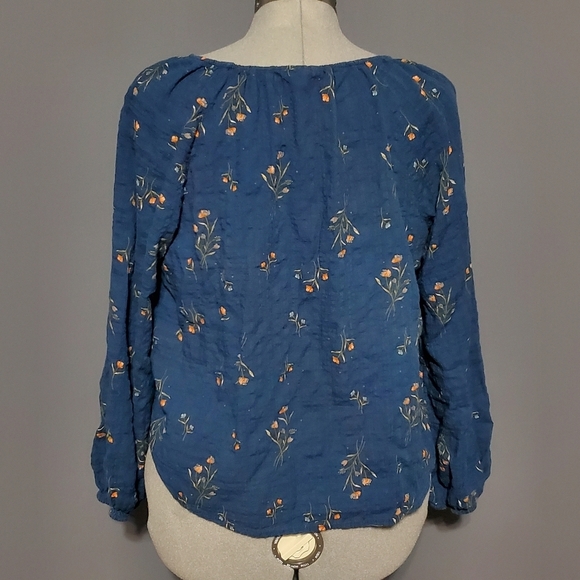 ANA A New Approach Blue Peasant Shirt Womens Size L Floral Puffy Sleeves Cropped - Picture 3 of 5